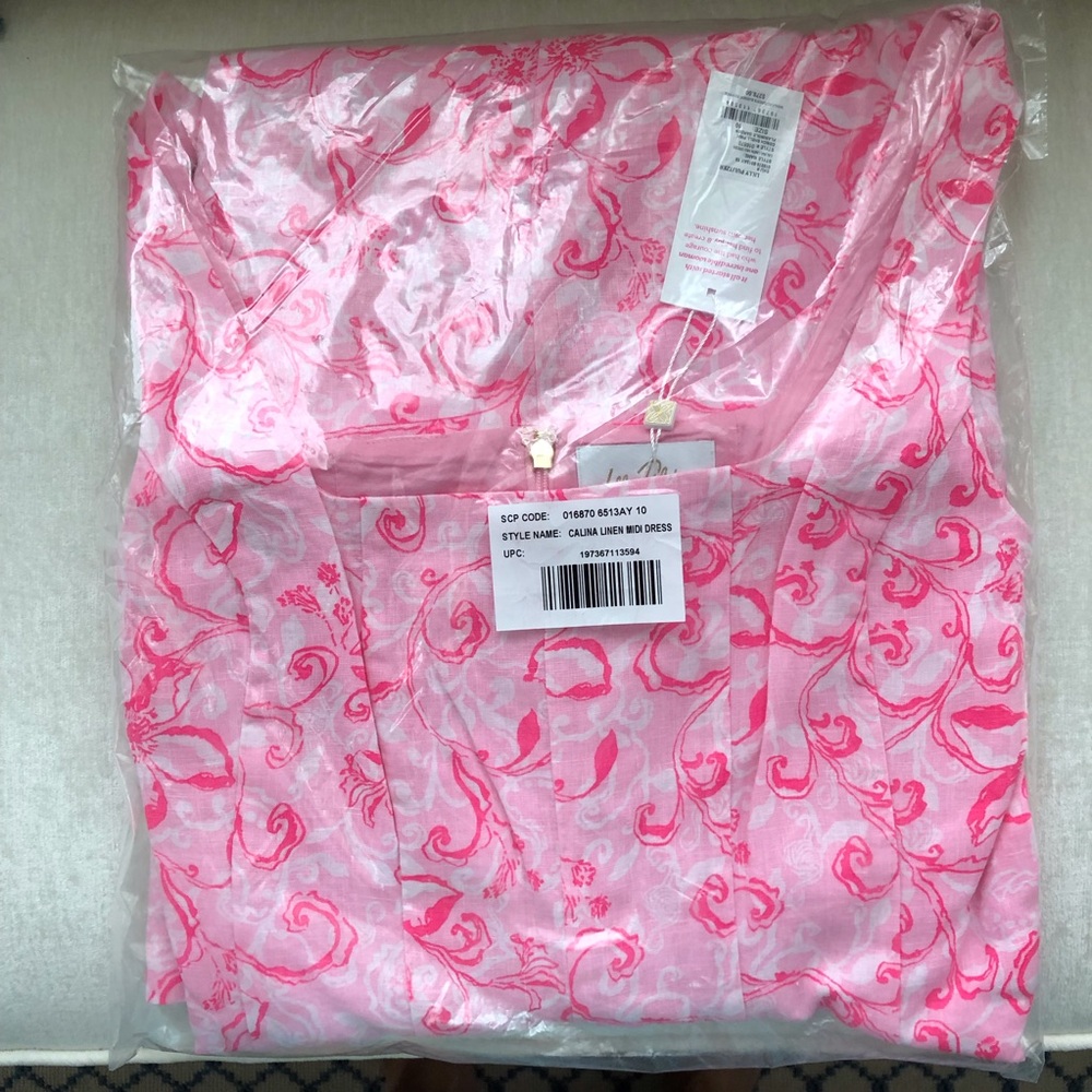 NWT Lilly Pulitzer Calina Linen Flamingle Garden Print Midi Dress Size 10 - Picture 7 of 9